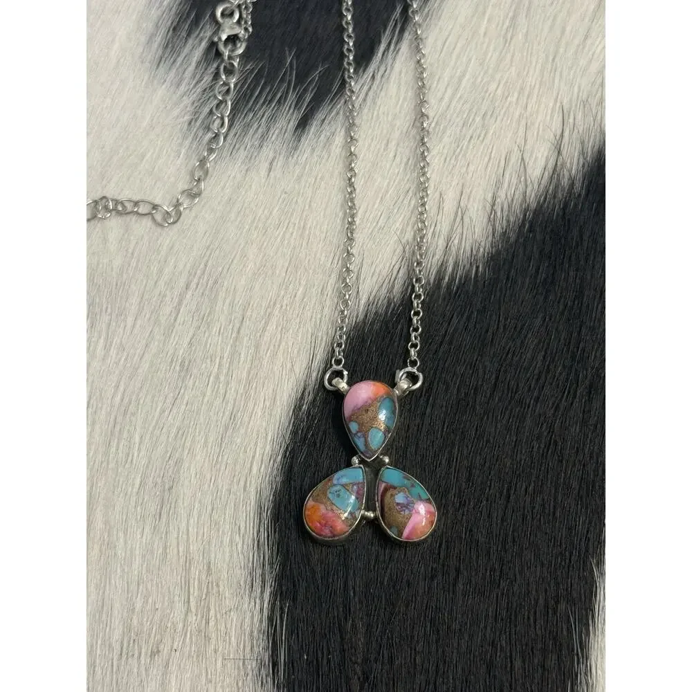 Southwest Sterling Silver 3 Stone Pink oyster Dahlia tear drop Bar Necklace